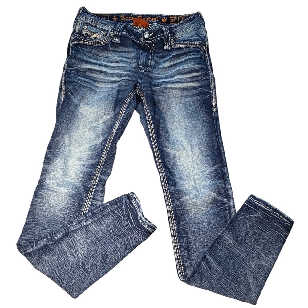 Rock Revival Kelsie Skinny Jeans Dark Wash Distressed Embroidered Size 27